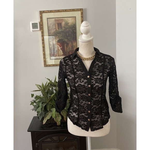 Women SM d.n.a. Couture Blouse 3/4 Tab Roll Sleeves Black Lace Open Front Button - Picture 1 of 8